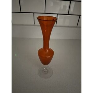Vintage Orange Empoli Art Glass Bud Vase with clear glass Pedestal